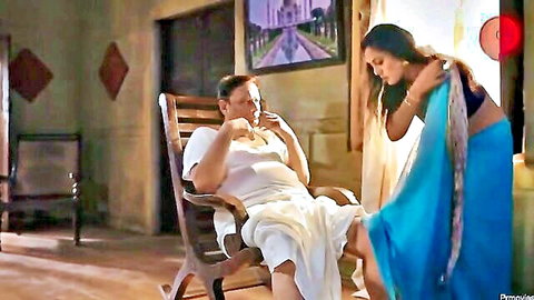 Sexy Indian brunette with big tits in blue saree teases older man in white dhoti