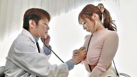 Busty Japanese MILF gets stethoscope tit exam by doctor on huge cleavage