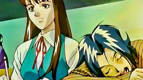 Hentai brunette schoolgirl in uniform smirks at sleeping blue-haired boy on couch
