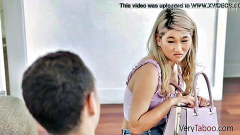 Sofia Su as reluctant step-sis in taboo bet scene, casual outfit