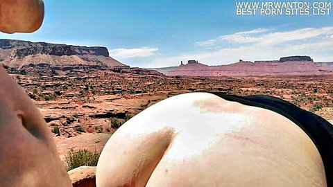 POV of pale PAWG's huge white ass cheeks exposed with shorts pulled down in desert outdoors