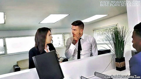 Valentina Nappi in cuckold office scene with husband and black stud