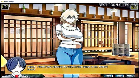 Blonde Ochako in tight white top and jeans, stern pose from Hero Cummy hentai episode