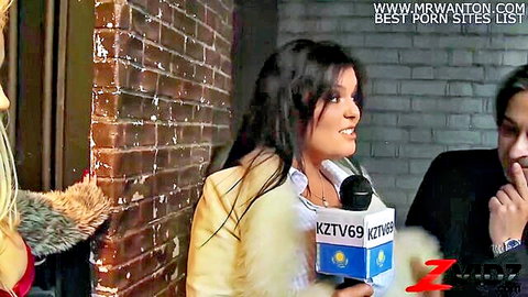Busty brunette in leather jacket and fur interviewed for wild stripper foursome