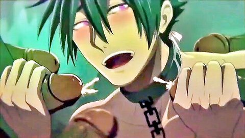 Anime green-haired twink in goblin gangbang ecstasy, oral action