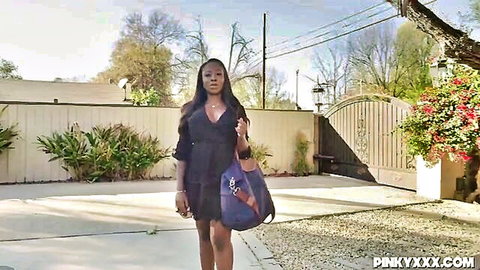 Jayden Starr ebony babe in sexy black dress outdoors, big tits tease