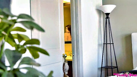 Angel Smalls petite blonde peeking nude from door, small tits tease