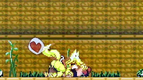 Pixel art hentai scene from Forest of the Blue Skin: blue girl fucked by yellow monster