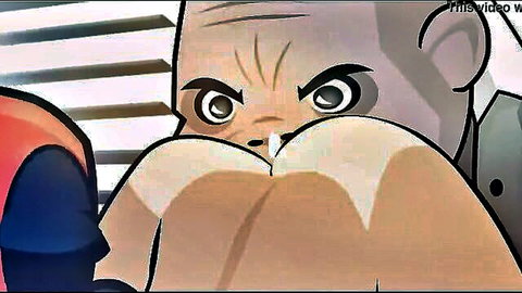 Cartoon muscular bald man with fierce glare sniffing huge bare ass cheeks near Deadpool