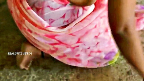 Indian aunty flashing shaved pussy in pink sari, mature desi exposure