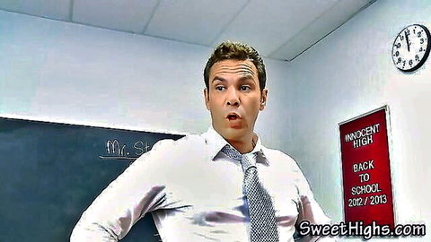 Surprised male teacher in classroom, innocent back to school roleplay
