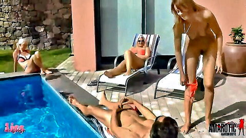LissLonglegs nude by pool with friends, spunk fountain scene, tall blonde model exposed