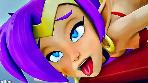 Seductive Shantae with purple hair and elf ears sticks out tongue in erotic close-up
