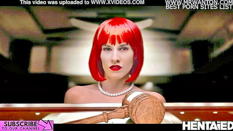 Eveline Dellai as stern redhead judge in sexy hentai roleplay