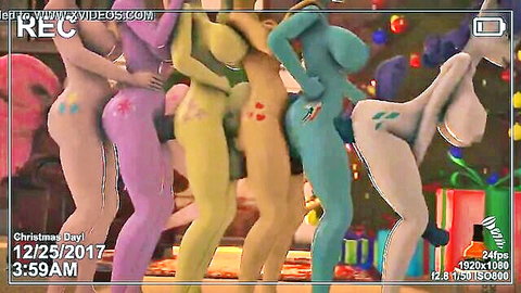 Nude colorful pony girls with big asses and visible pussies posing playfully around Christmas tree in 3D hentai.