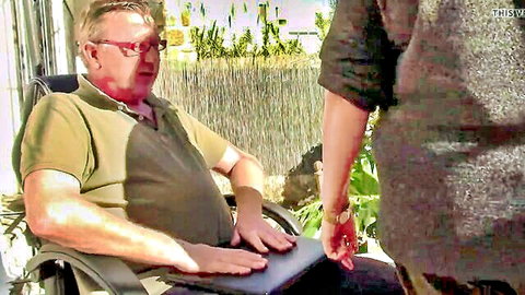 Wife catches mature husband masturbating outdoors on laptop