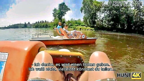 Curvy babe in bikini teases on boat with BF and stranger in Hunt4K