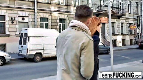 Pretty redhead couple walking on street, tight pussy creampie fuck