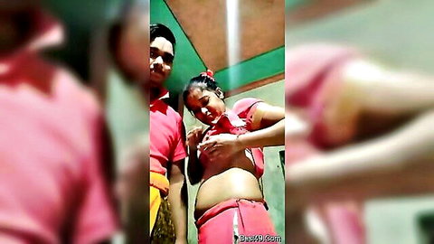 Desi couple in red outfits, woman flashing small breast, pregnant belly exposed