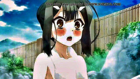 Blushing anime catgirl with perky exposed tits and surprised face outdoors