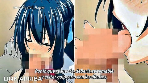 Blue-haired hentai girl with ahegao face sucking censored cock gently to avoid teeth.