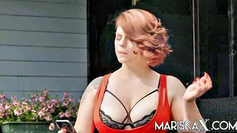 Busty brunette Lucia Love in red lace bralette seducing pool boy