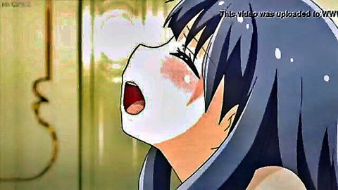 Anime girl with long blue hair, wide eyes, open mouth in ecstasy