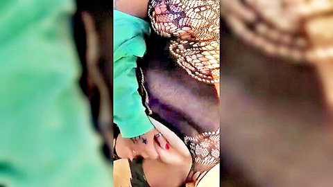 Tattooed hand grips thick black cock bulging from lace bra on big tits babe