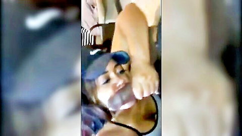 White woman in blue cap gagging on thick black cock during intense blowjob
