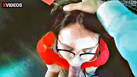 Asian woman in glasses gives deep blowjob in boss-wife roleplay