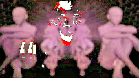 Stylized ecstatic woman with wild red grin and purple shadows, crazy for rolls