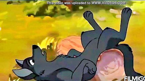 Animated black furry wolf anthro lying back exposed in straight scene