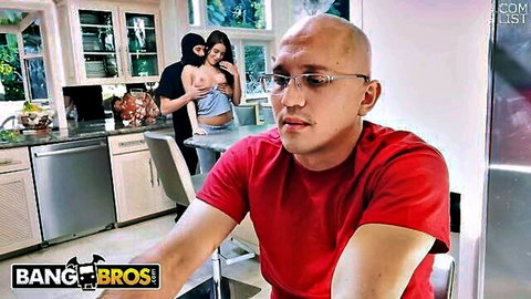 Lana Rhoades grabbed by masked intruder in kitchen, BangBros scene