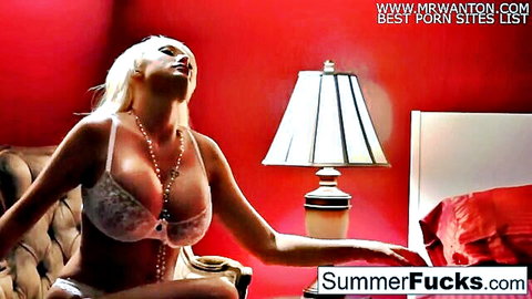 Blonde Summer in lacy bra teases on bed, solo masturbation scene