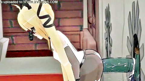Blonde anime girl in tight bodysuit bent over with big ass focus