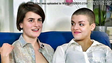 Luna and Tumpie smiling in open shirts, Ersties amateur sex experiments