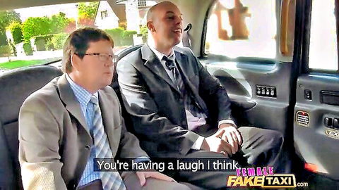 Babe in fake taxi with suited guys, teasing ride adventure