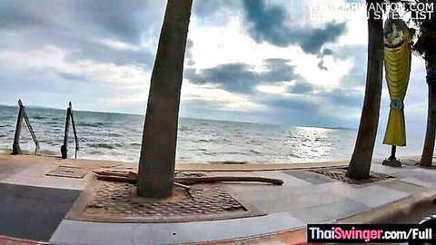 Scenic Thai beach with palm trees, ocean waves, and pool ladder under cloudy sky
