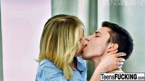 Cute blonde teen kisses boyfriend passionately before hardcore home sex