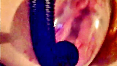 Thick blue ridged dildo stretching tight wet pink pussy close-up