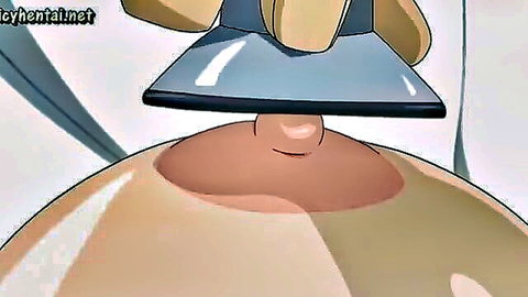 Hentai animated scene of busty babe's huge nipple teased with iron play