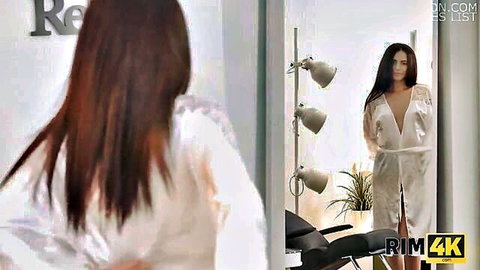 Teen wife in sheer white robe teases in mirror before rimming and fucking