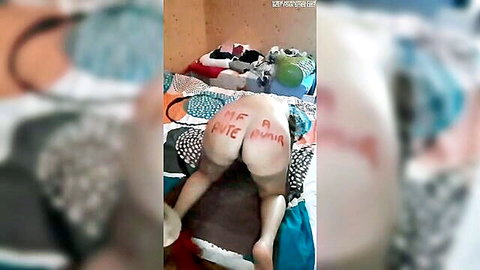 MILF slave punished, 'EAT ME' written on her big bare ass
