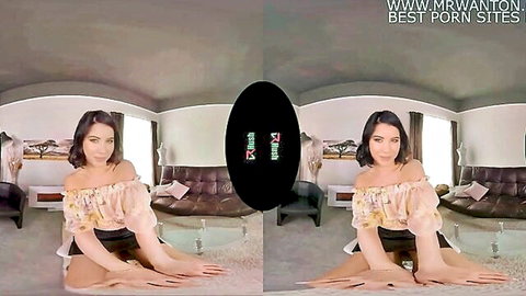 Lady Dee seducing in VR, teasing pose on floor in flowy dress