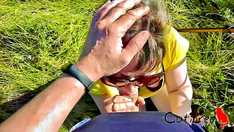Amateur blonde giving outdoor POV blowjob and handjob to big cock
