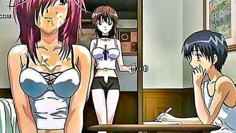 Busty pink-haired anime girl in lingerie approaches brunette in bra and guy at table