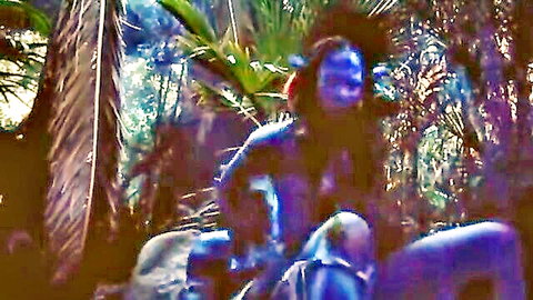 Nikki Hunter as blue Na'vi in Avatar XXX porn parody jungle scene