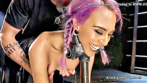 Petite purple-haired babe with small tits bent over pipe dominated and fucked doggystyle
