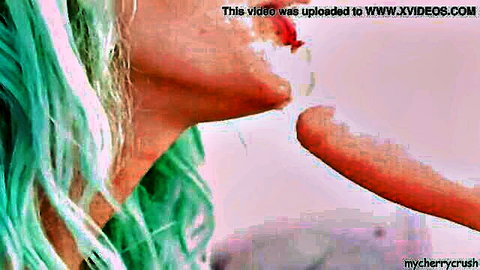 Cherry Crush close-up blowjob cumshot with teal hair