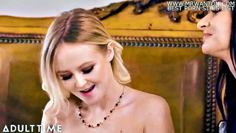 Natalia Queen topless smiling with Sheena Ryder in steamy Adult Time threesome